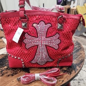 Red Rhinestone Cross Bling Tote Bag Sequin Studded Shoulder Purse NWT Large Glam